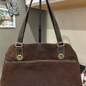 Gucci Brown Suede Shoulder Bag with Gold-Tone Accents